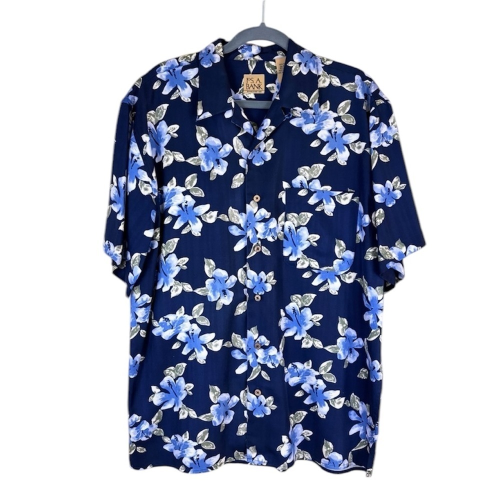 JoS A Banks Navy 100% Silk Hawaiian Tropical Short Sleeve Button Down Top (M)